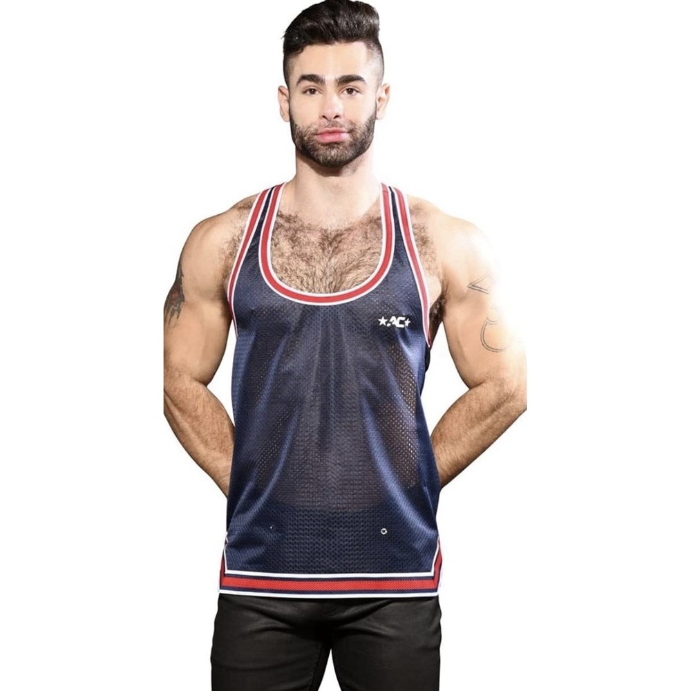Andrew Christian Blue Red White Mesh Tank Top Shirt Size Medium NWT